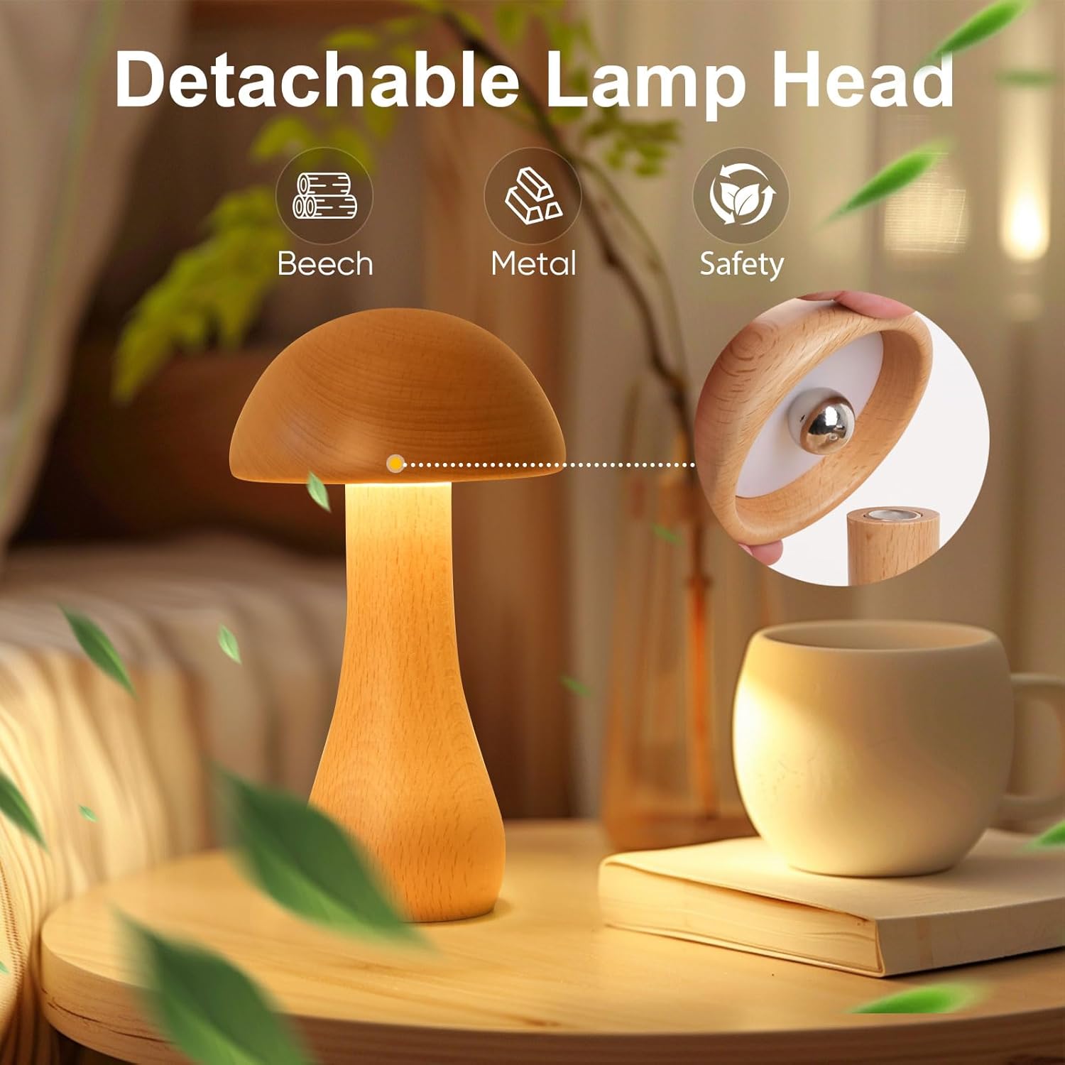 Wooden Small Mushroom Lamp, Touch Switch Cordless Table Lamp for nightstand, Rechargeable Battery Operated Night Light, 360 Degree Rotation Adjustable, Stepless Dimming Desk Lamps for Living Room