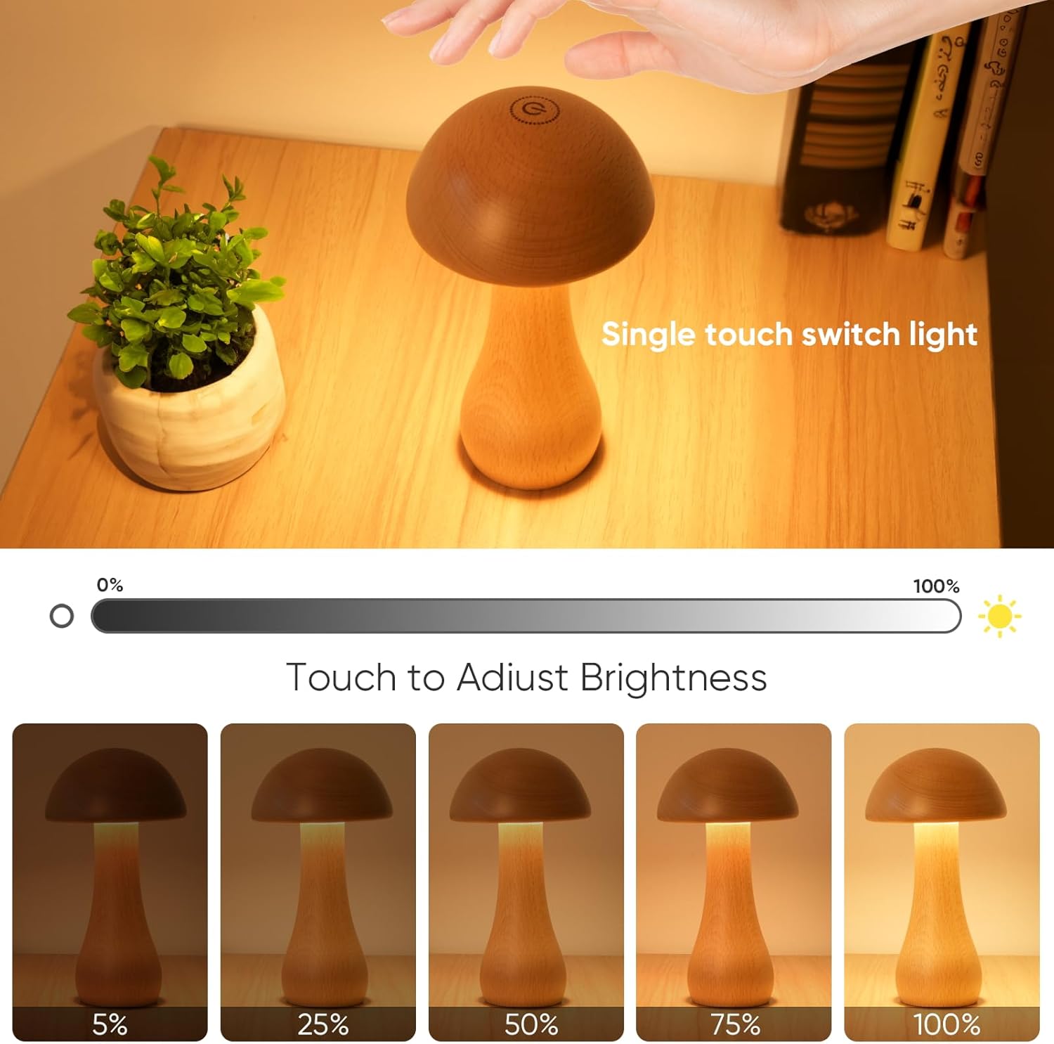 Wooden Small Mushroom Lamp, Touch Switch Cordless Table Lamp for nightstand, Rechargeable Battery Operated Night Light, 360 Degree Rotation Adjustable, Stepless Dimming Desk Lamps for Living Room