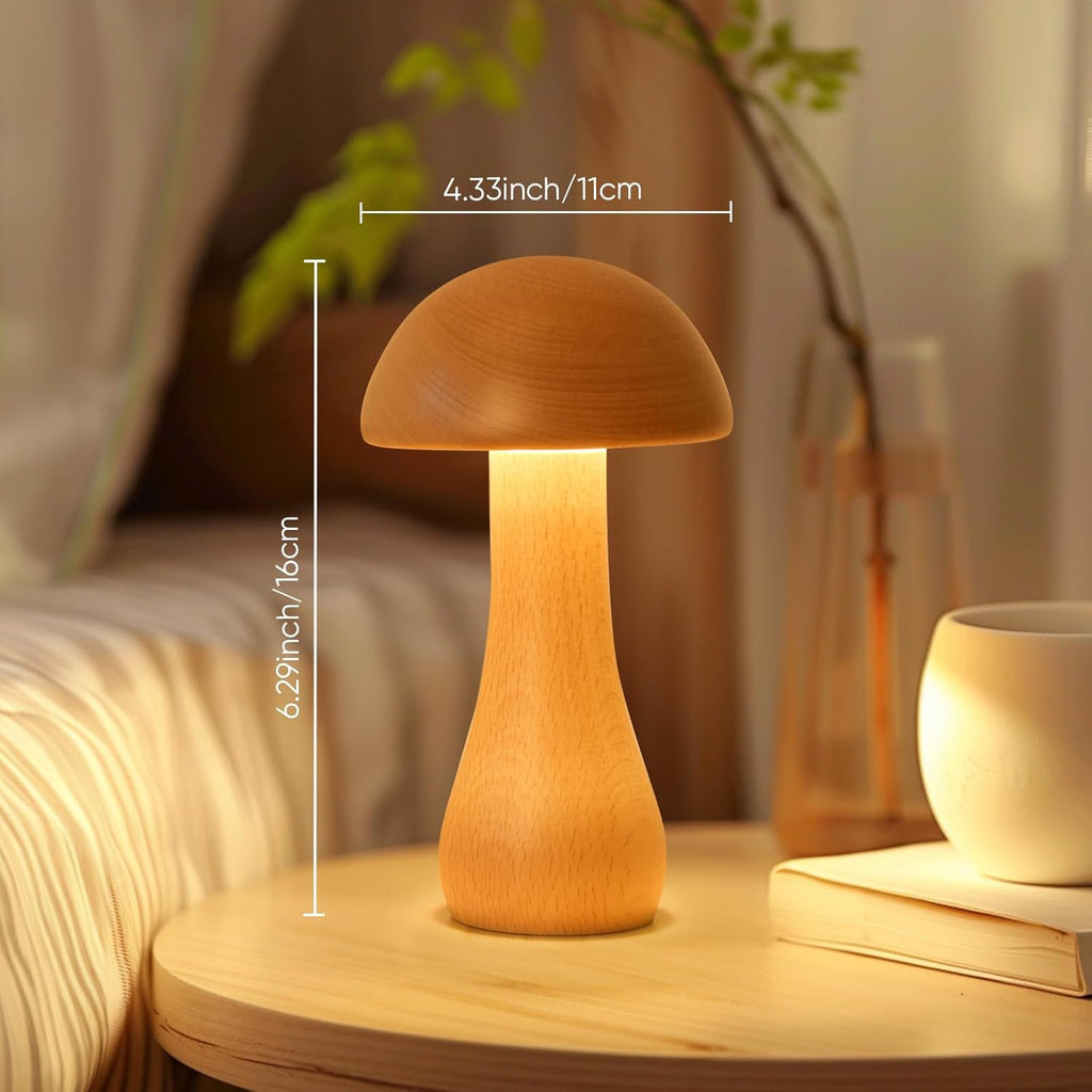 Wooden Small Mushroom Lamp, Touch Switch Cordless Table Lamp for nightstand, Rechargeable Battery Operated Night Light, 360 Degree Rotation Adjustable, Stepless Dimming Desk Lamps for Living Room