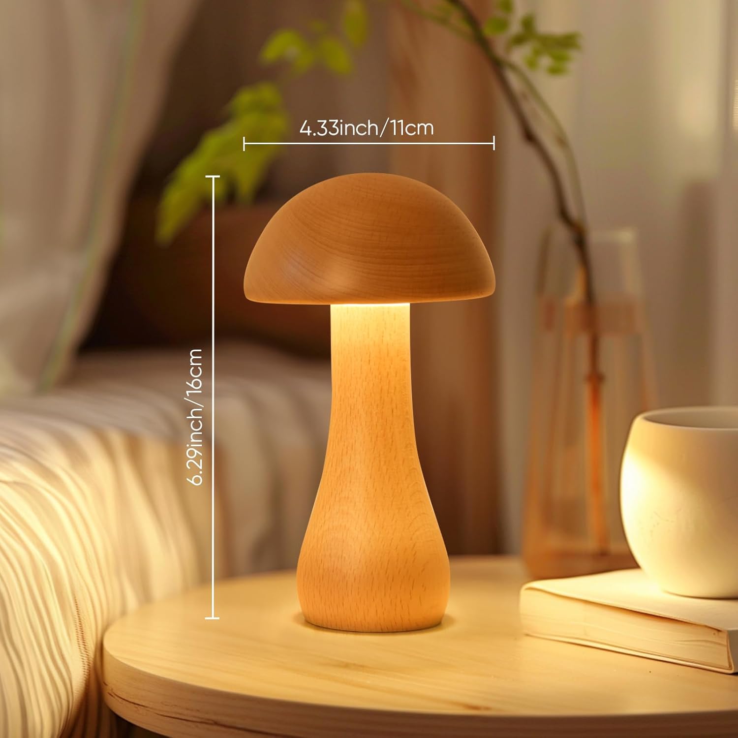 Wooden Small Mushroom Lamp, Touch Switch Cordless Table Lamp for nightstand, Rechargeable Battery Operated Night Light, 360 Degree Rotation Adjustable, Stepless Dimming Desk Lamps for Living Room
