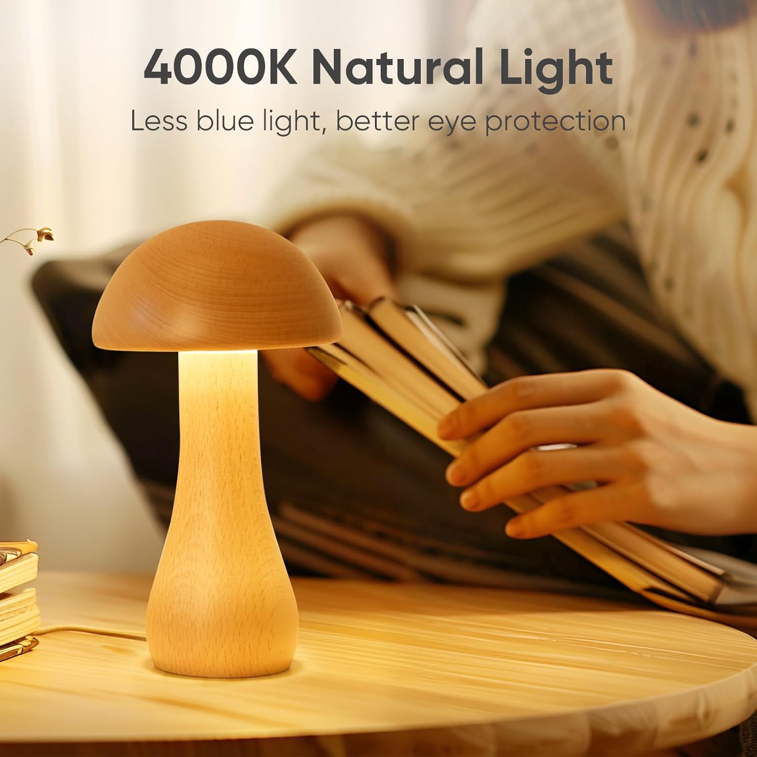 Wooden Small Mushroom Lamp, Touch Switch Cordless Table Lamp for nightstand, Rechargeable Battery Operated Night Light, 360 Degree Rotation Adjustable, Stepless Dimming Desk Lamps for Living Room